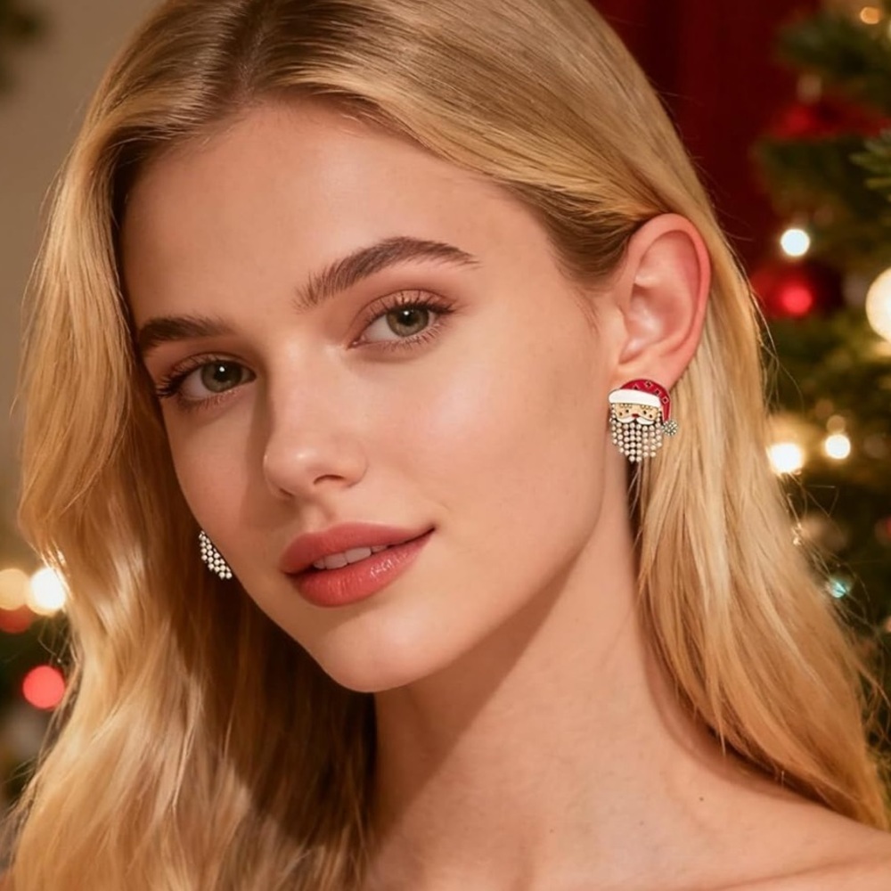 Christmas Santa Claus Pearl Fringe Earrings – Festive Holiday Jewelry - Picture 4 of 5